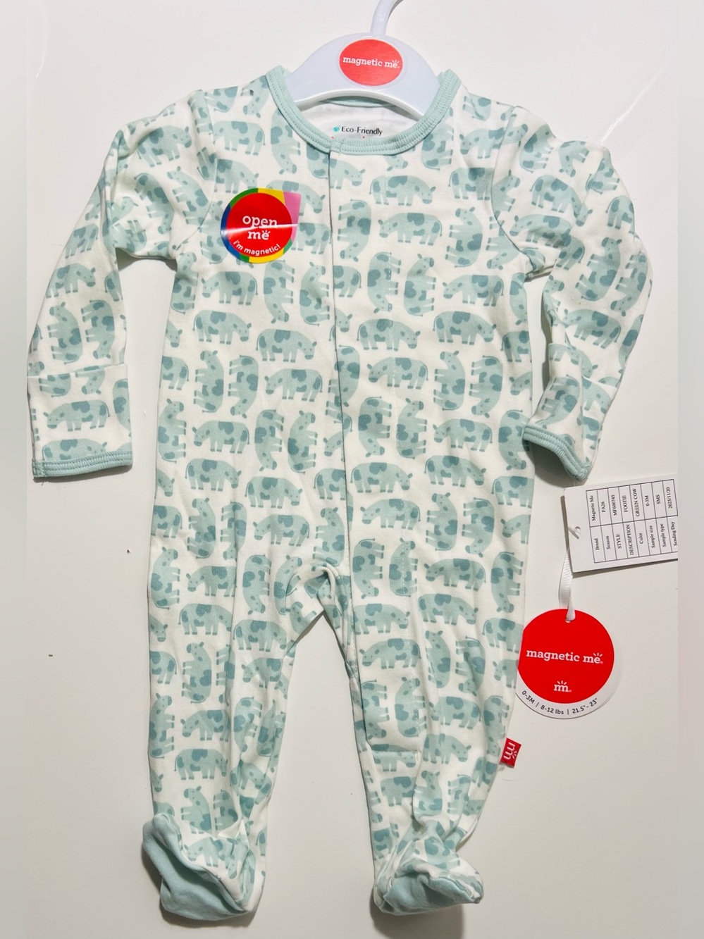 Magnetic Me Green Cow Footie Pajama - Size 0/3 Months